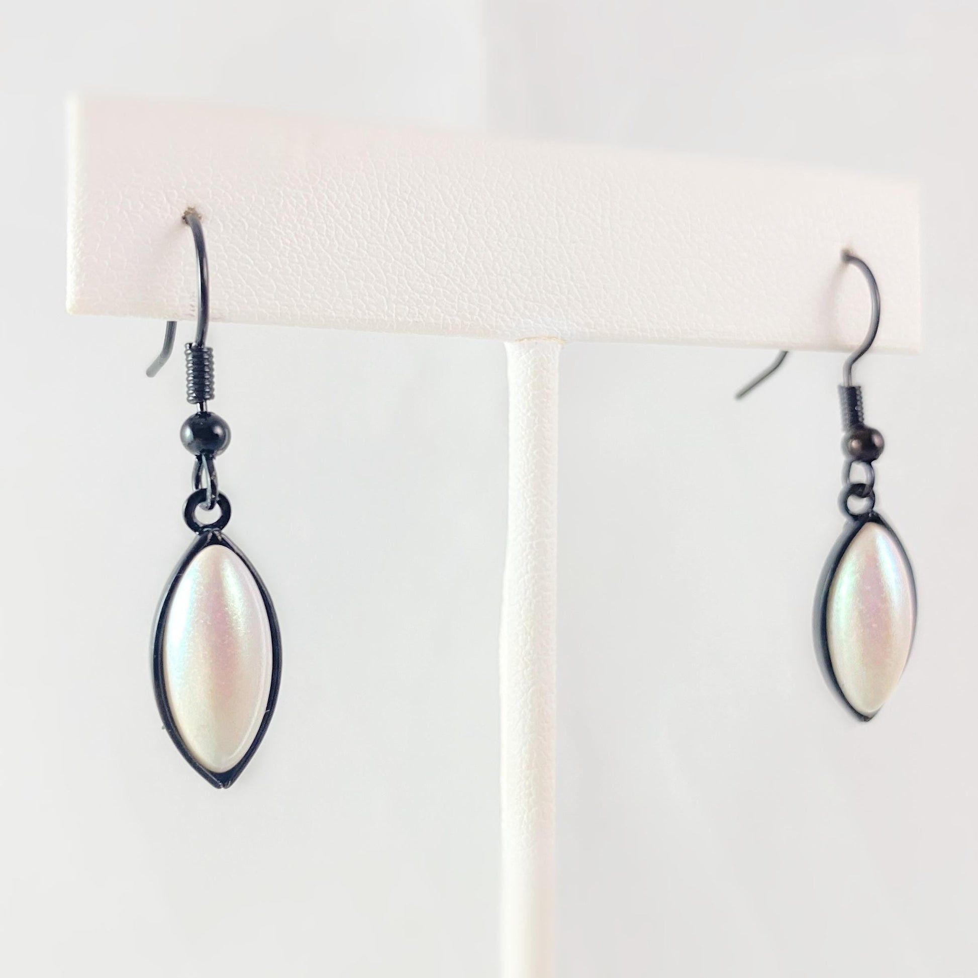 Marquise Shape Earrings with Black Wire and Handmade Glass Beads, Hypoallergenic, Shimmering Ivory - Kristina