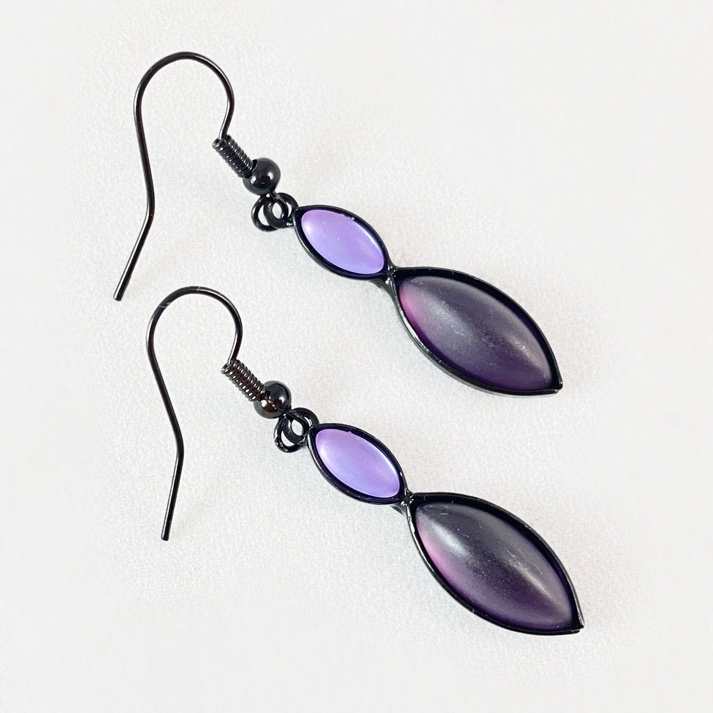 Marquise Shape Earrings with Black Wire and Handmade Glass Beads, Hypoallergenic, Violet/Purple - Kristina