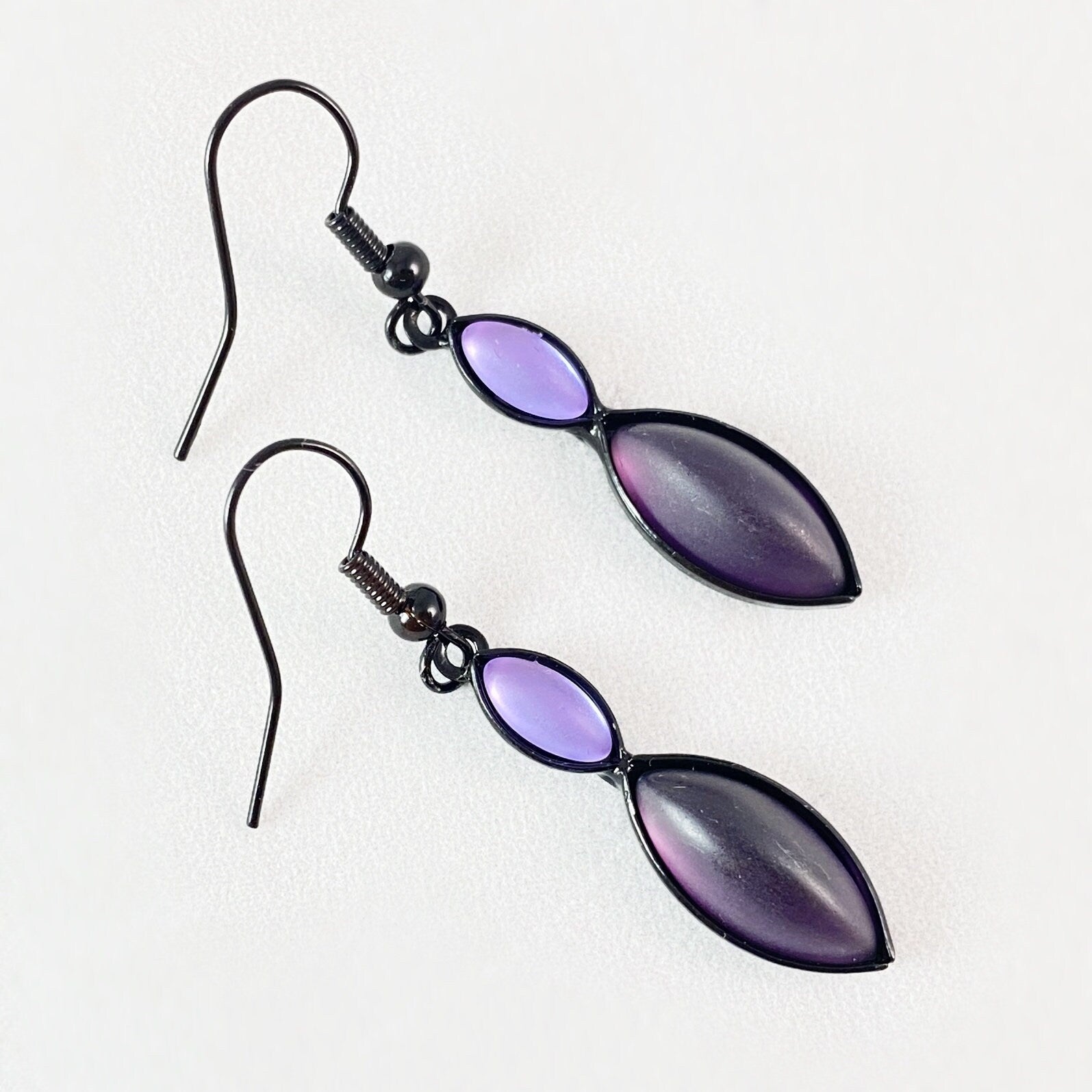 Marquise Shape Earrings with Black Wire and Handmade Glass Beads, Hypoallergenic, Violet/Purple - Kristina