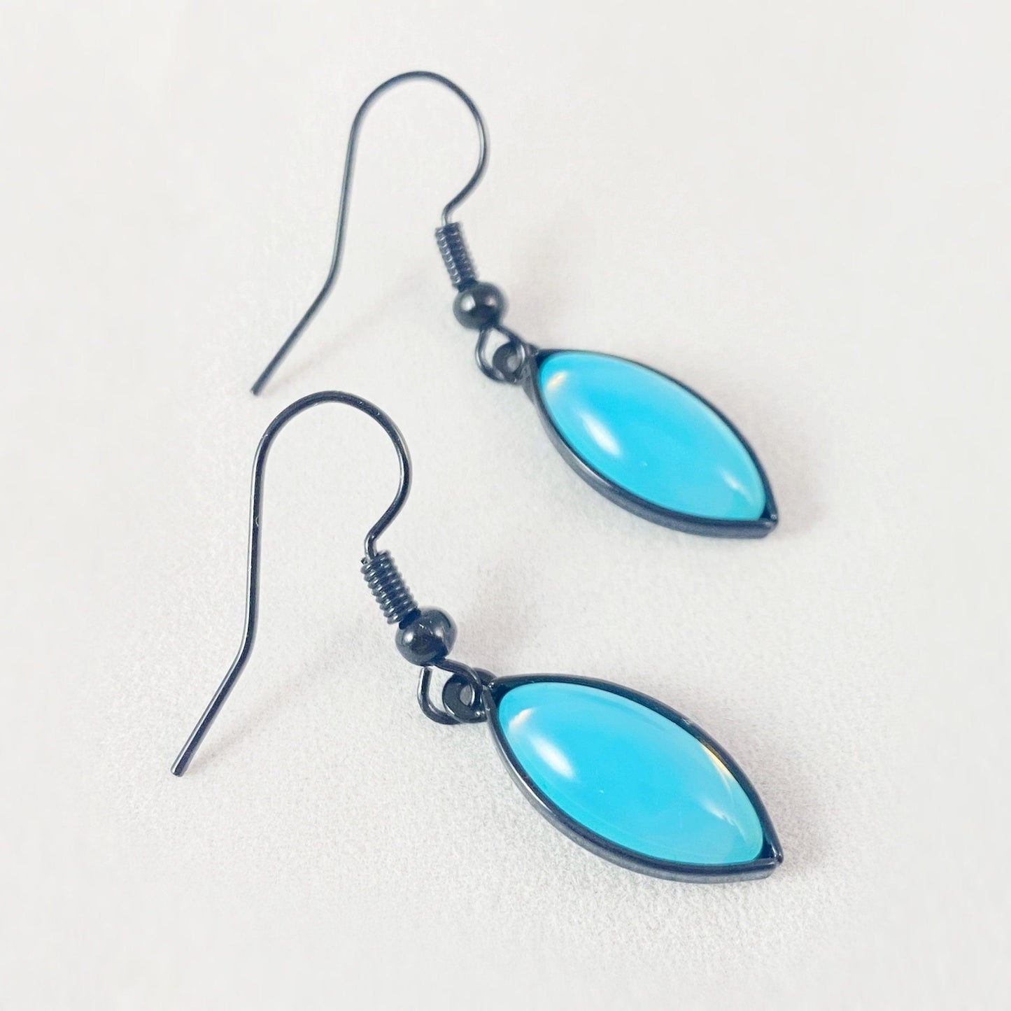 Marquise Shape Earrings with Black Wire and Handmade Glass Beads, Hypoallergenic, Cyan Opal - Kristina