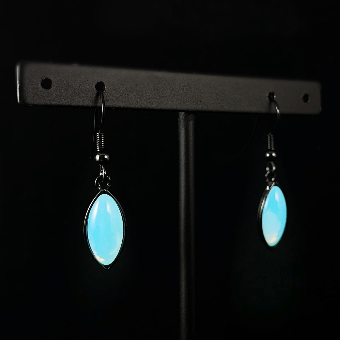 Marquise Shape Earrings with Black Wire and Handmade Glass Beads, Hypoallergenic, Cyan Opal - Kristina