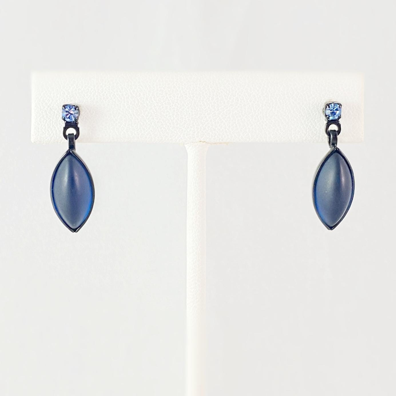 Marquise Shape Earrings with Black Wire and Handmade Glass Beads, Hypoallergenic, Deep Blue - Kristina