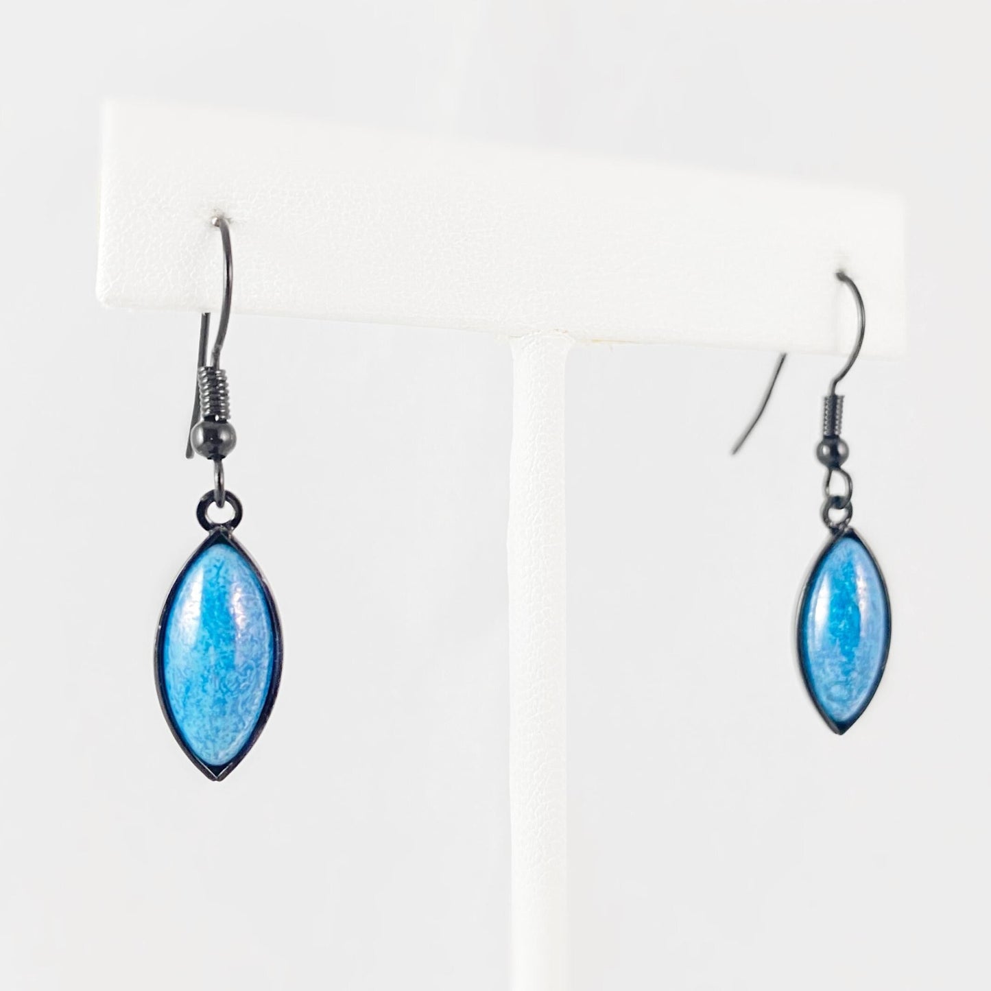 Marquise Shape Earrings with Black Wire and Handmade Glass Beads, Hypoallergenic, Marbled Blue - Kristina