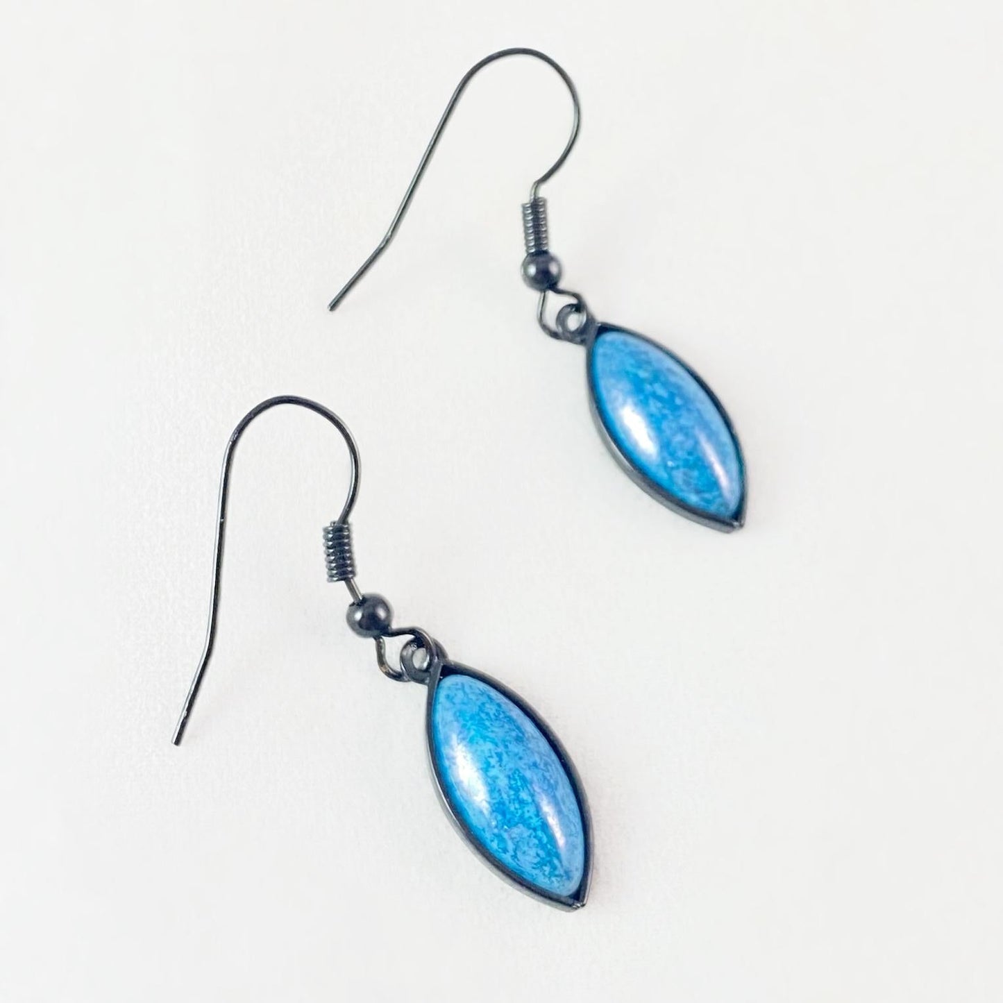 Marquise Shape Earrings with Black Wire and Handmade Glass Beads, Hypoallergenic, Marbled Blue - Kristina