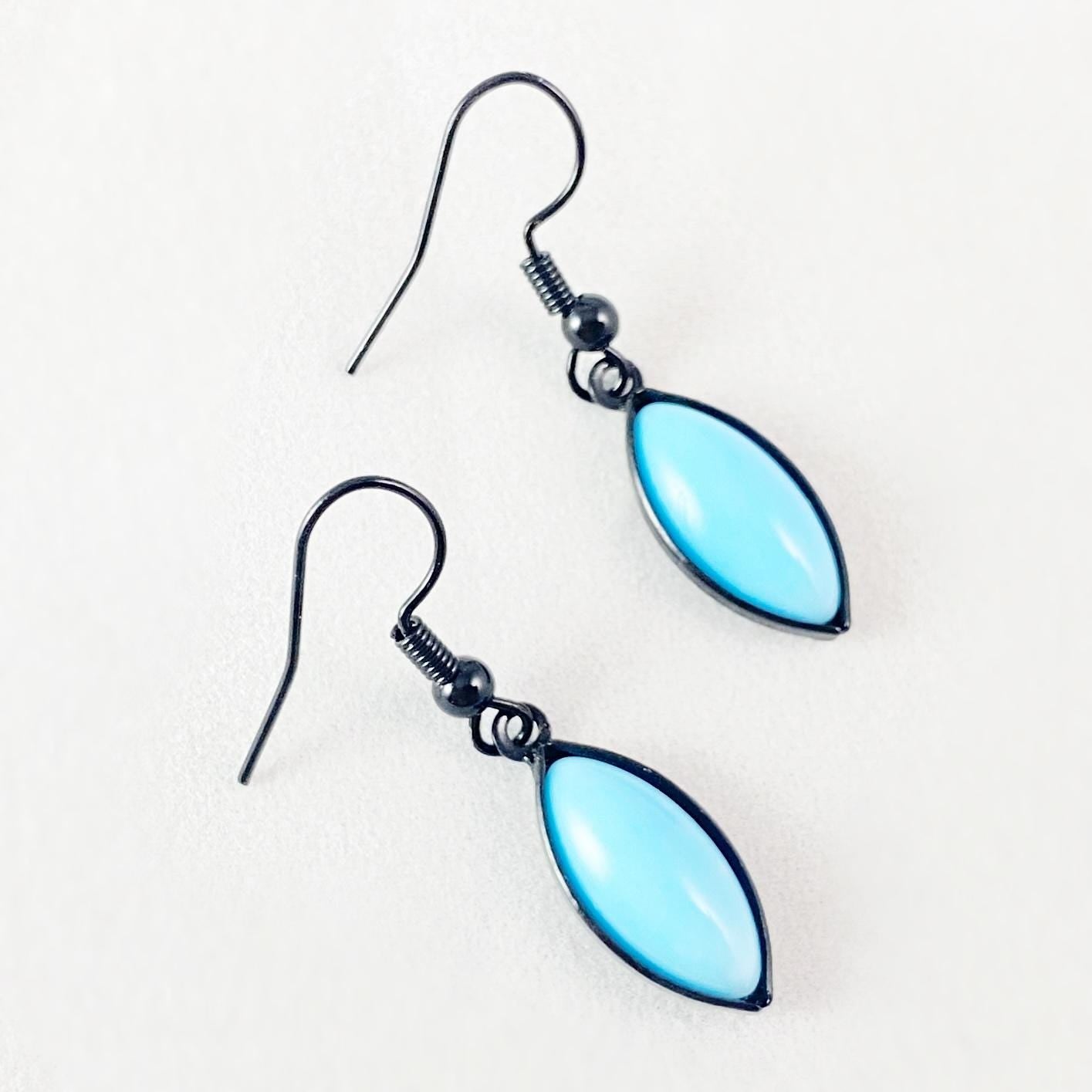 Marquise Shape Earrings with Black Wire and Handmade Glass Beads, Hypoallergenic, Opaque Light Blue - Kristina