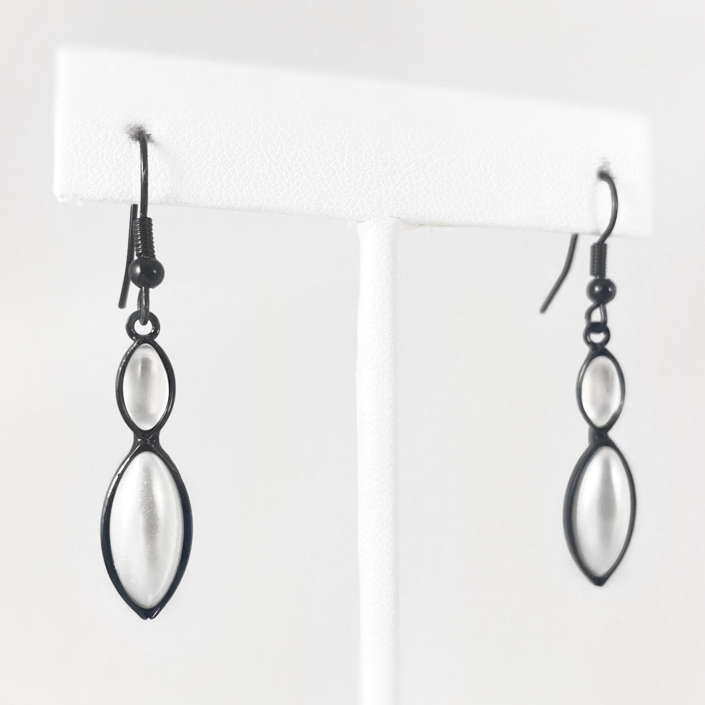 Marquise Shape Earrings with Black Wire and Handmade Glass Beads, Hypoallergenic, Shiny White/White Pearl - Kristina