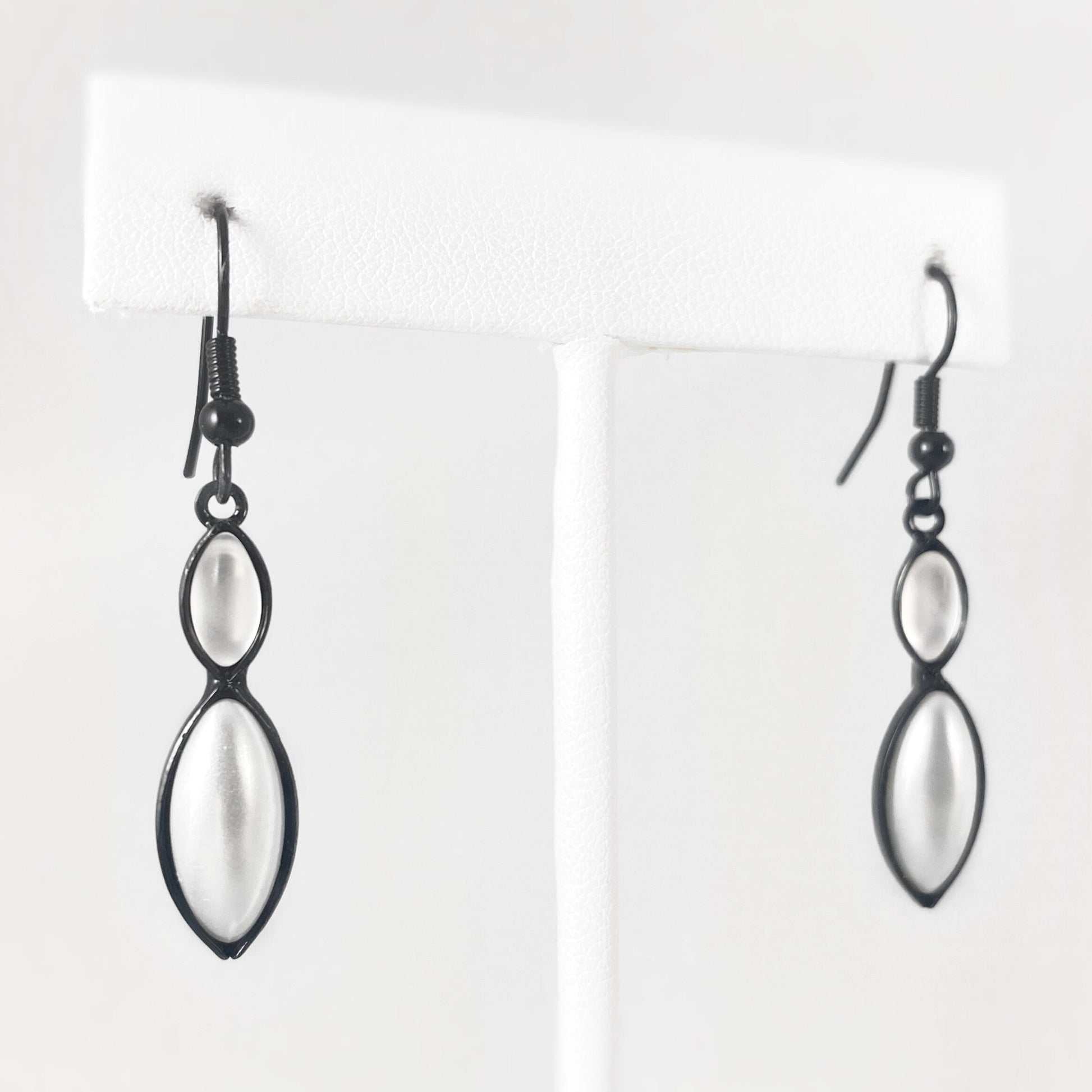 Marquise Shape Earrings with Black Wire and Handmade Glass Beads, Hypoallergenic, Shiny White/White Pearl - Kristina