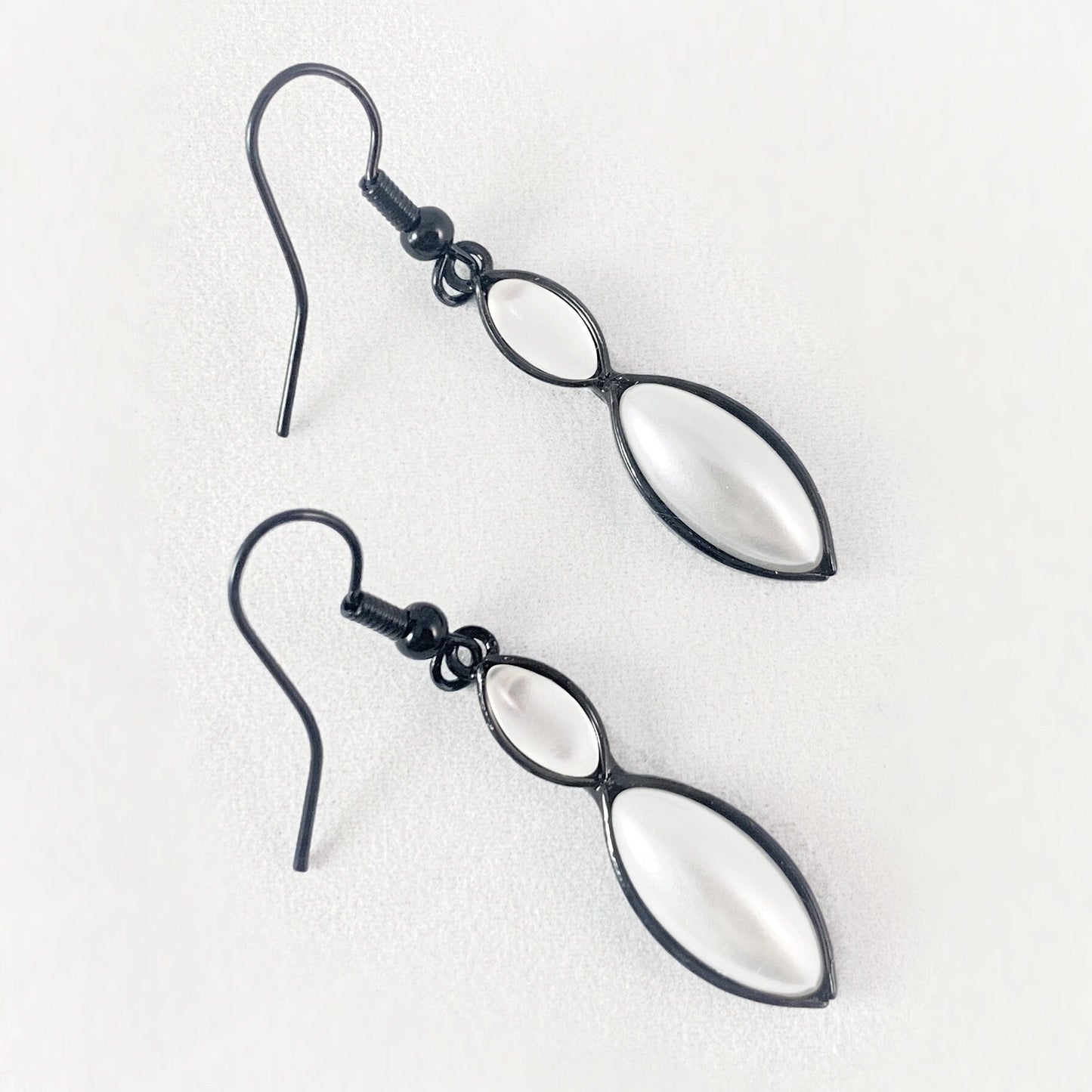 Marquise Shape Earrings with Black Wire and Handmade Glass Beads, Hypoallergenic, Shiny White/White Pearl - Kristina