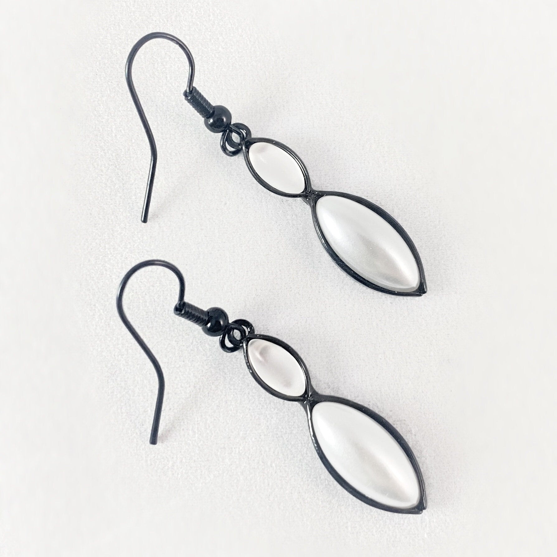 Marquise Shape Earrings with Black Wire and Handmade Glass Beads, Hypoallergenic, Shiny White/White Pearl - Kristina