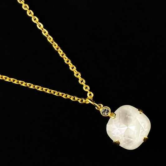 Milky White Cushion Cut Swarovski Crystal Pendant Necklace - La Vie Parisienne by Catherine Popesco