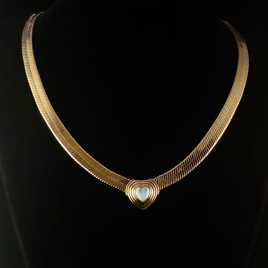 Minimalist Gold Herringbone Chain Necklace with Natural Blue Larimar Stone - Heart of Stone