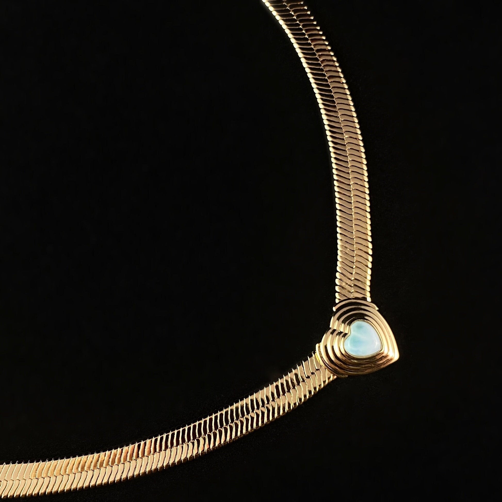 Minimalist Gold Herringbone Chain Necklace with Natural Blue Larimar Stone - Heart of Stone