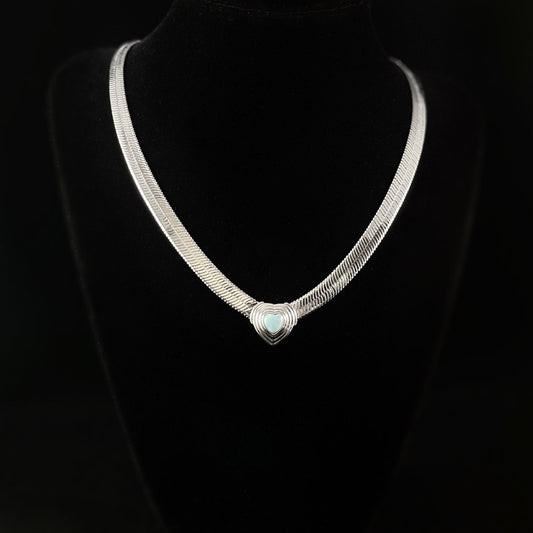 Minimalist Silver Herringbone Chain Necklace with Natural Blue Larimar Stone - Heart of Stone