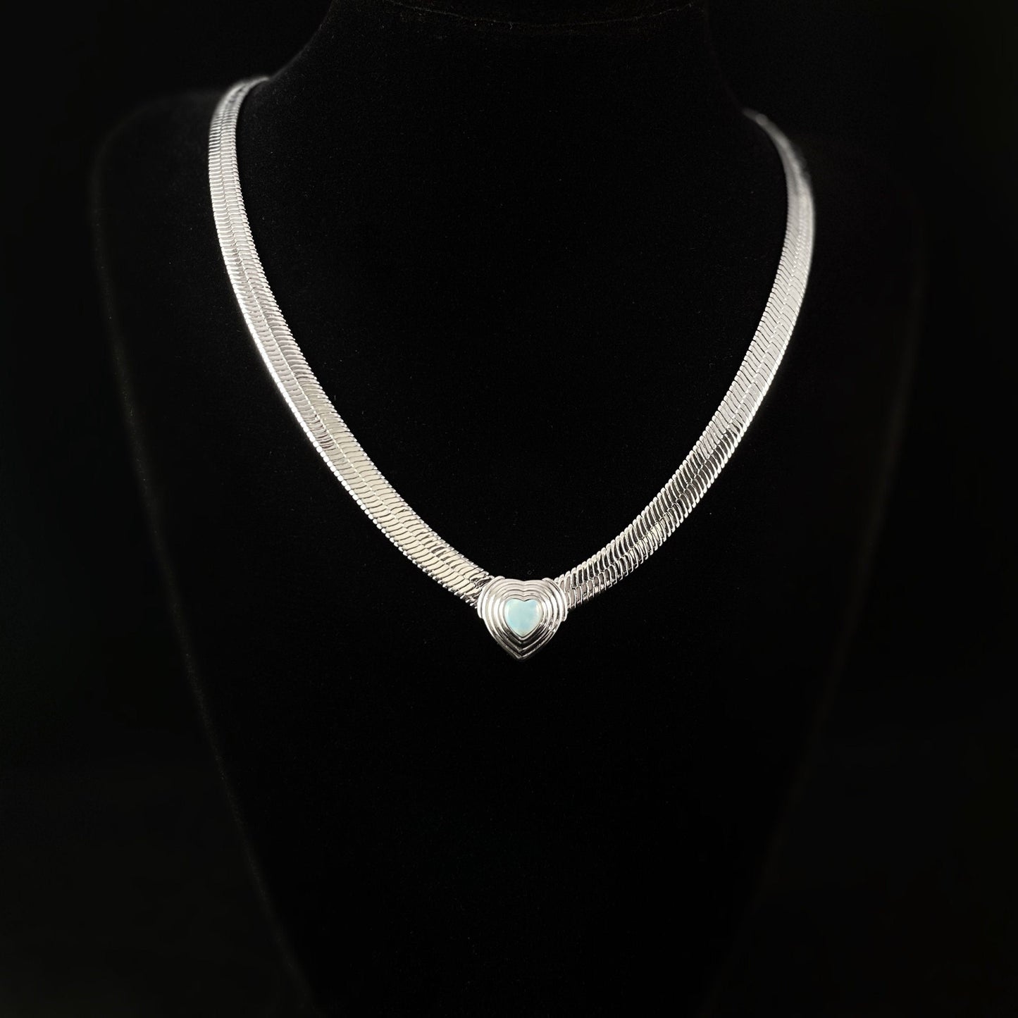 Minimalist Silver Herringbone Chain Necklace with Natural Blue Larimar Stone - Heart of Stone