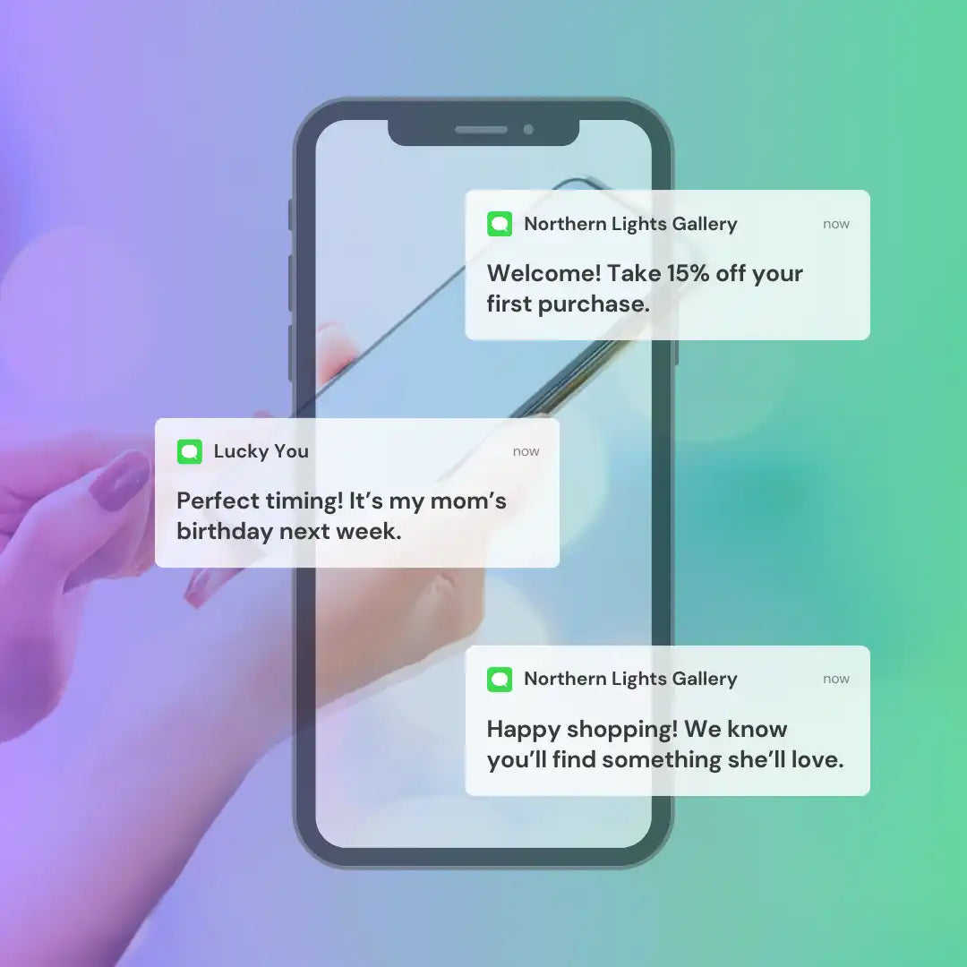 Mobile phone displaying text message notifications on a gradient background.