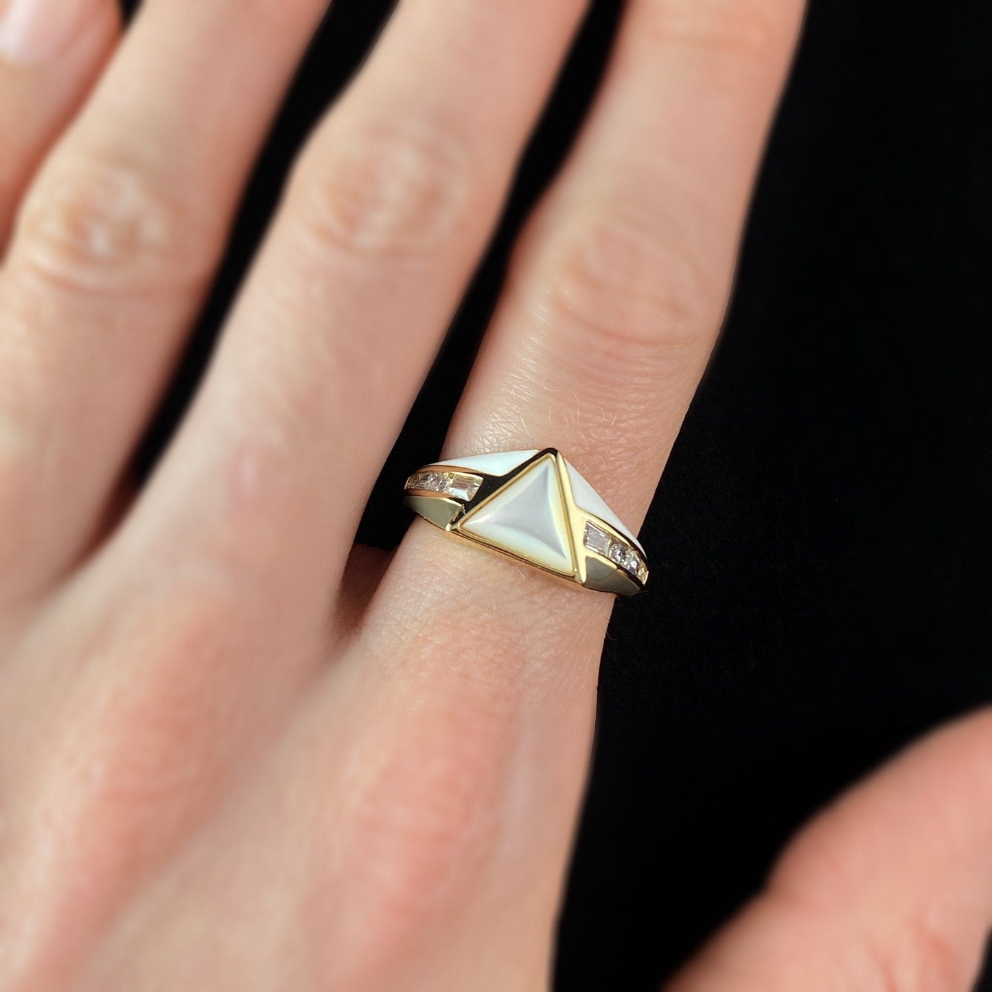 Mother of Pearl Triangle Ring with White/Gray Enamel - Bright Side, Size 7