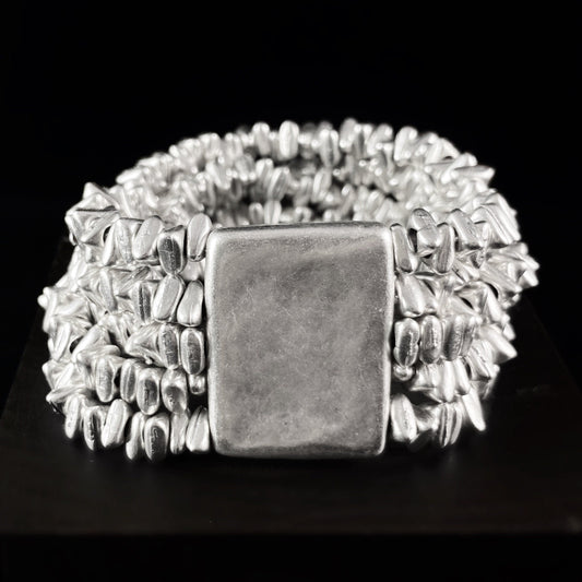 Multi Strand Silver Stretch Bracelet with Large Rectangle Bead, Handmade, Nickel Free