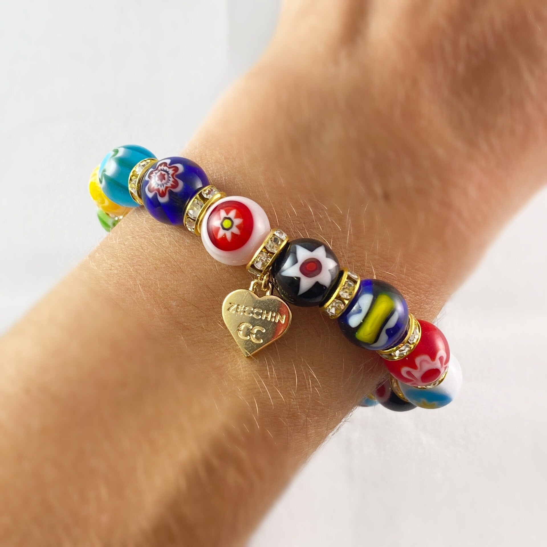 Multicolor Beaded Venetian Glass Bracelet, Gold - Handmade in Italy, Colorful Murano Glass