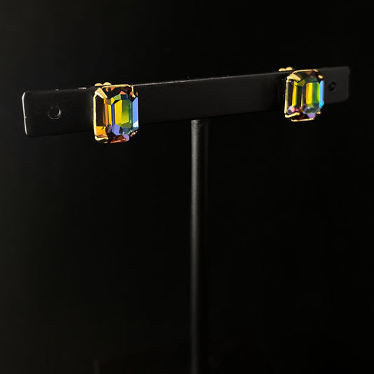 Multicolor Crystal Emerald Cut Earrings with Gold Finish