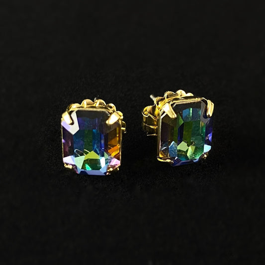 Multicolor Crystal Emerald Cut Earrings with Gold Finish