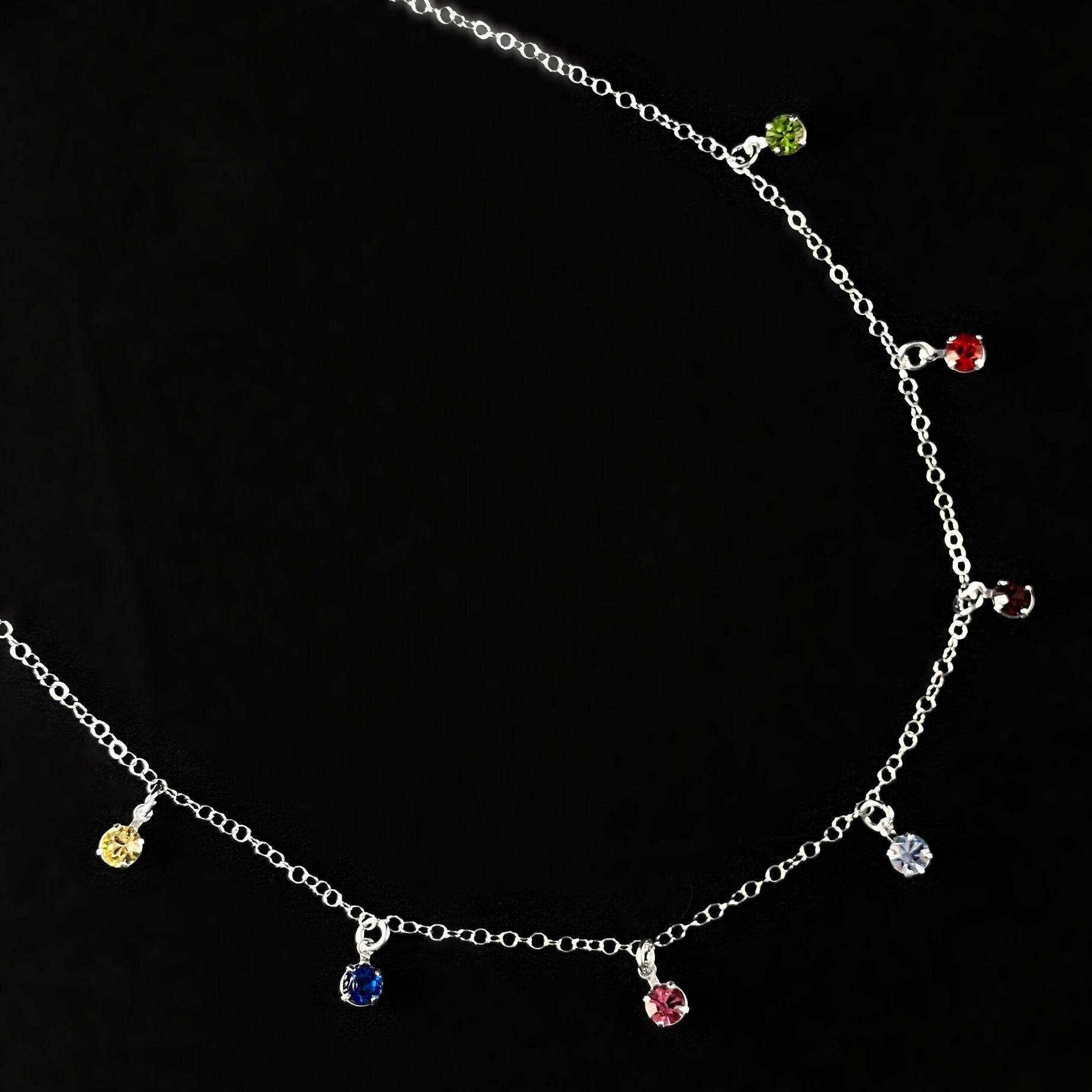 Multicolored Drop Crystals on Dainty Silver Chain Necklace - Handmade, Nickel Free - Ulla