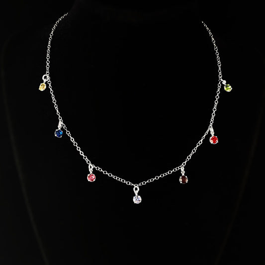 Multicolored Drop Crystals on Dainty Silver Chain Necklace - Handmade, Nickel Free - Ulla