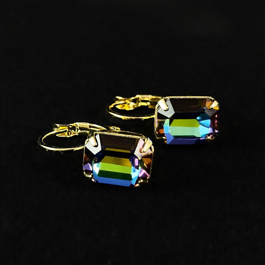 Multicolored Emerald Cut Crystal Earrings with Gold