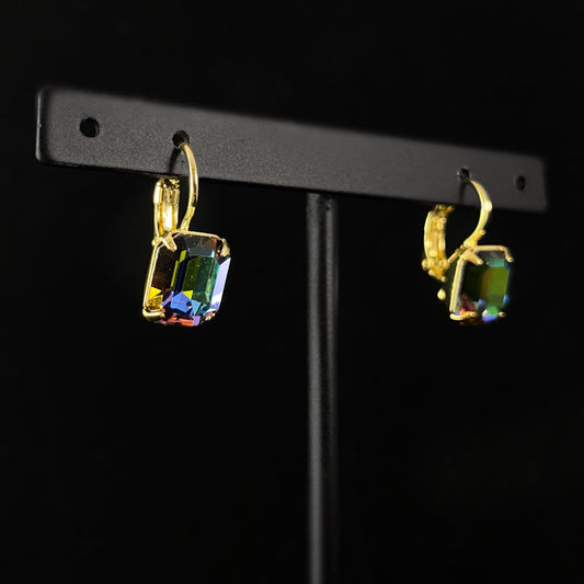 Multicolored Emerald Cut Crystal Earrings with Gold