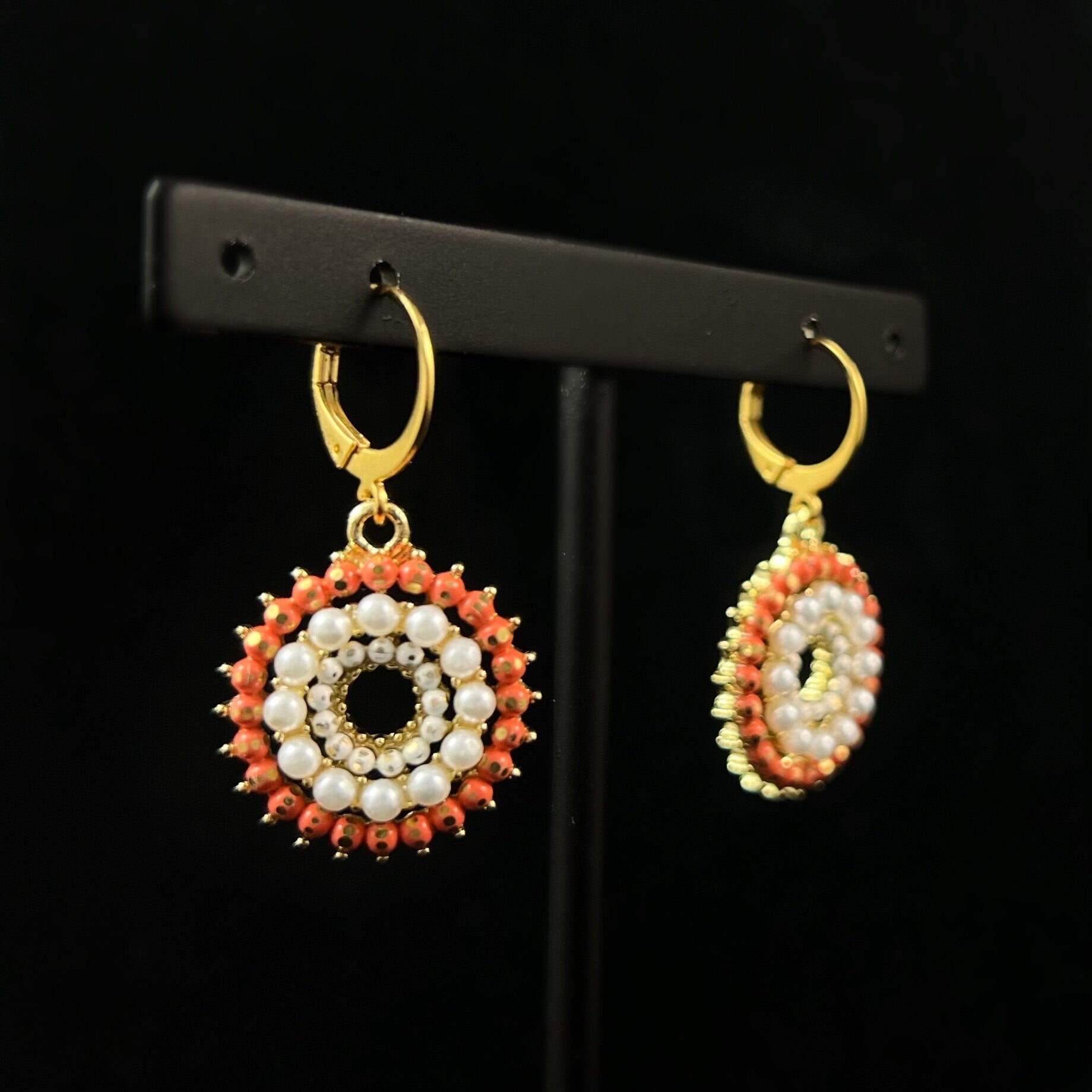 Orange Swarovski Crystal Drop Earrings with Crystal and Pearl Detailing- La Vie Parisienne by Catherine Popesco