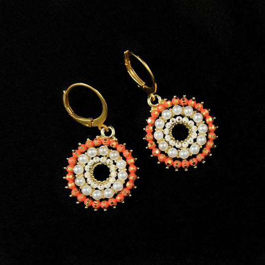 Orange Swarovski Crystal Drop Earrings with Crystal and Pearl Detailing- La Vie Parisienne by Catherine Popesco