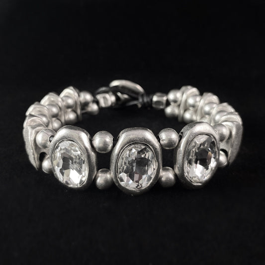 Oval Crystal Bracelet with Silver Abstract Beads and Leather Closure, Handmade, Nickel Free