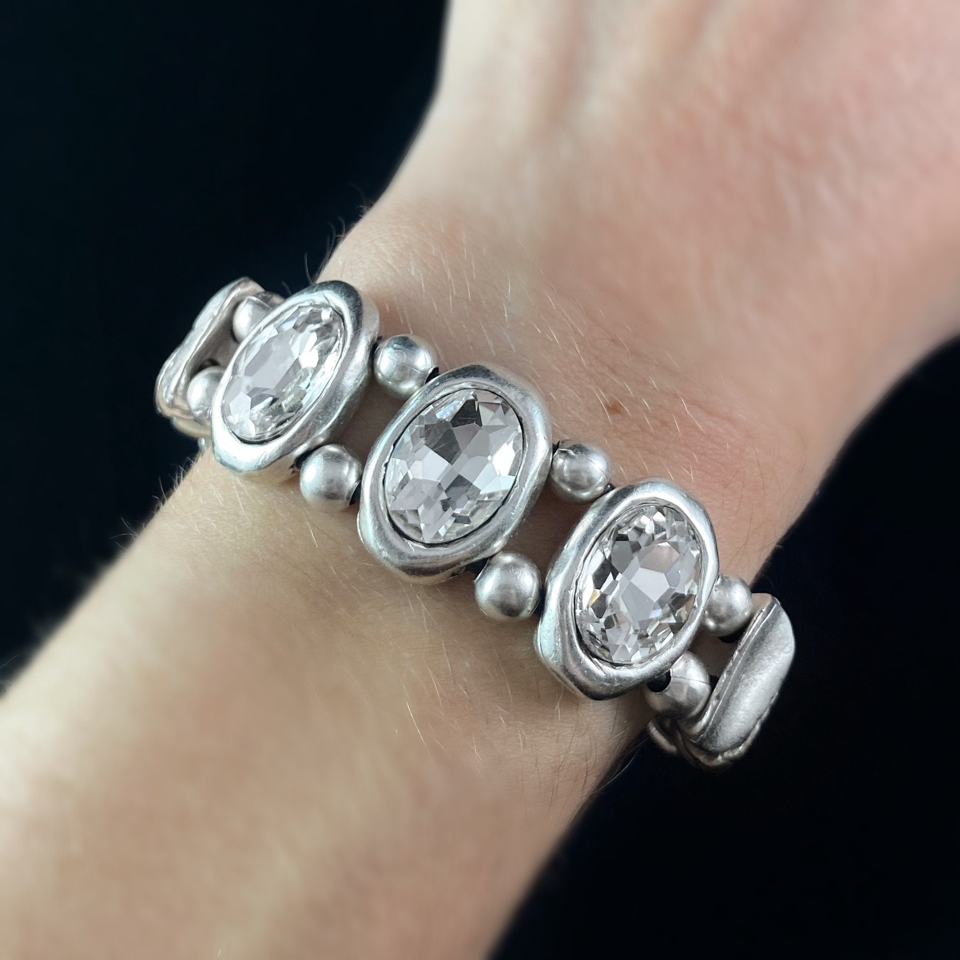 Oval Crystal Bracelet with Silver Abstract Beads and Leather Closure, Handmade, Nickel Free