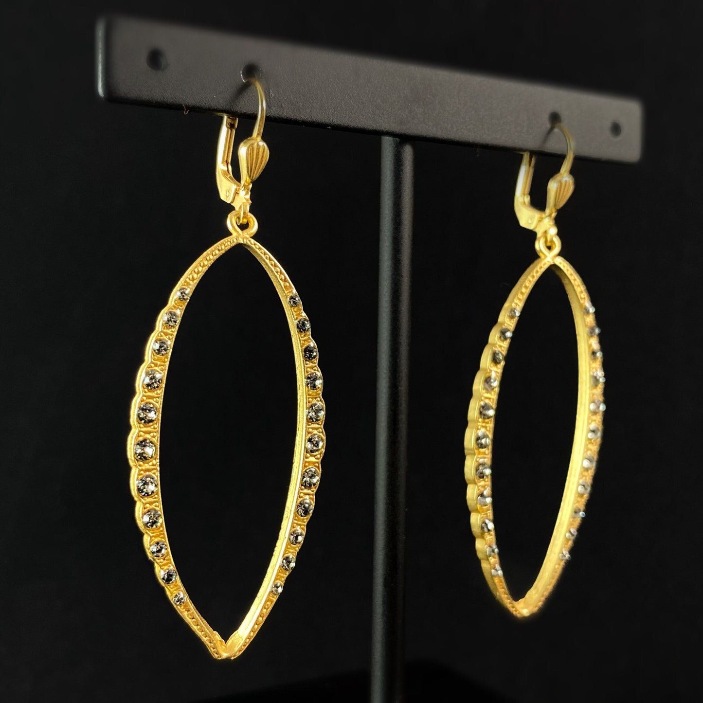 Oval Gold Drop Earrings with Clear Swarovski Crystals - La Vie Parisienne by Catherine Popesco