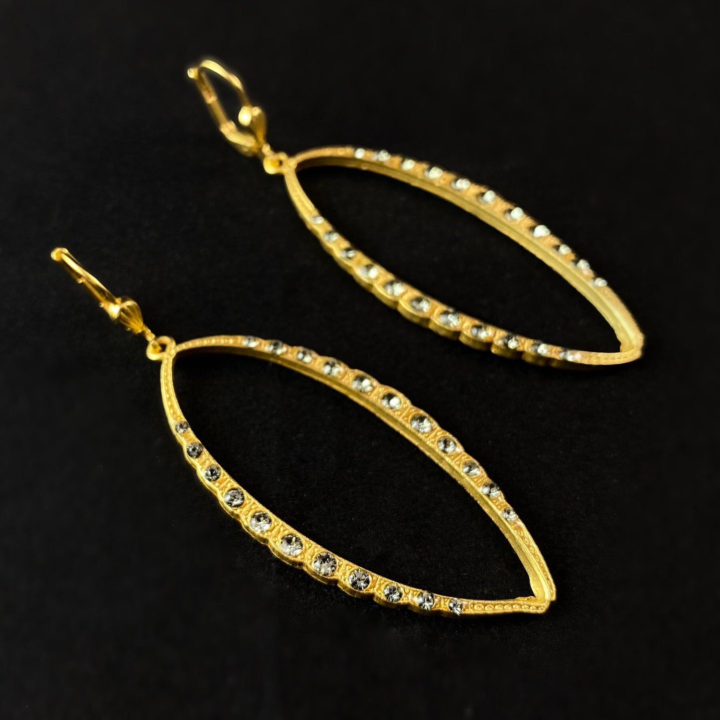 Oval Gold Drop Earrings with Clear Swarovski Crystals - La Vie Parisienne by Catherine Popesco