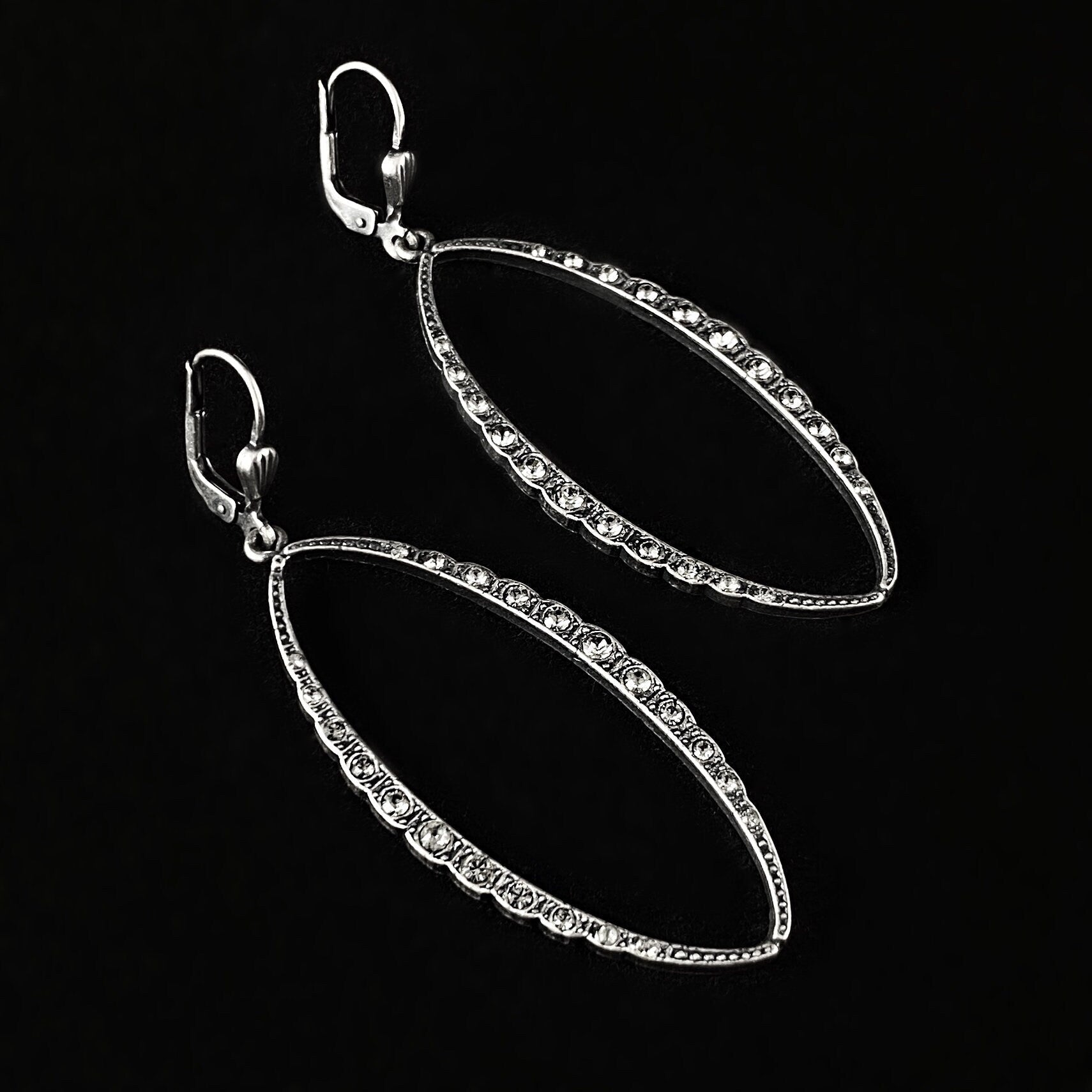 Oval Silver Drop Earrings with Clear Swarovski Crystals - La Vie Parisienne by Catherine Popesco