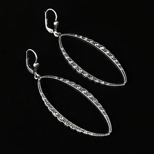 Oval Silver Drop Earrings with Clear Swarovski Crystals - La Vie Parisienne by Catherine Popesco