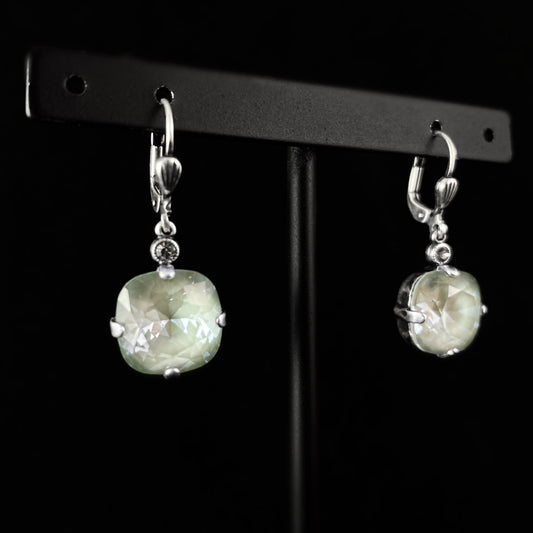 Pale Gray/Green Cushion Cut Swarovski Crystal Drop Earrings- La Vie Parisienne by Catherine Popesco