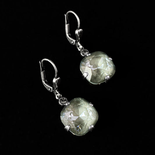 Pale Gray/Green Cushion Cut Swarovski Crystal Drop Earrings- La Vie Parisienne by Catherine Popesco