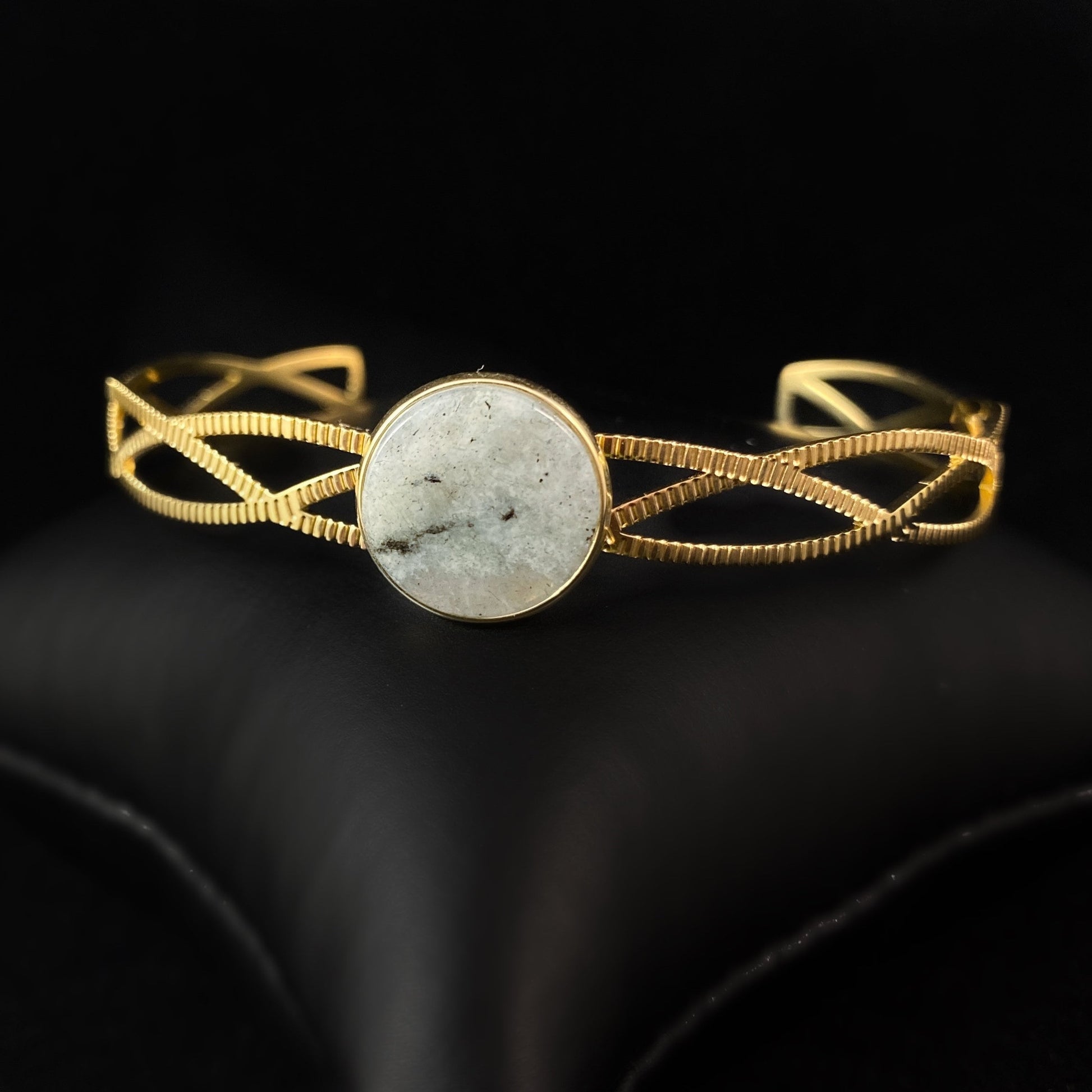 Pastel Green Natural Stone Braided Cuff Bracelet with Intricate Gold Bands and Circular Stone
