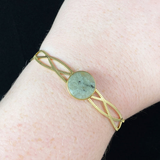 Pastel Green Natural Stone Braided Cuff Bracelet with Intricate Gold Bands and Circular Stone