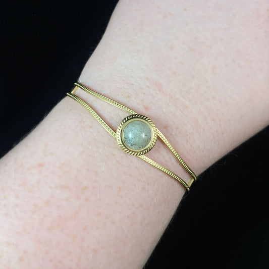 Pastel Green Natural Stone Cuff Bracelet with Intricate Gold Band and Circular Gold Setting