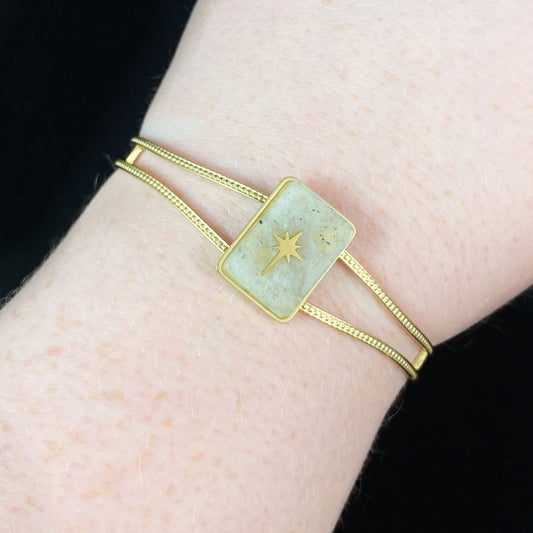 Pastel Green Natural Stone Cuff Bracelet with Intricate Gold Band and Dainty Gold Accents