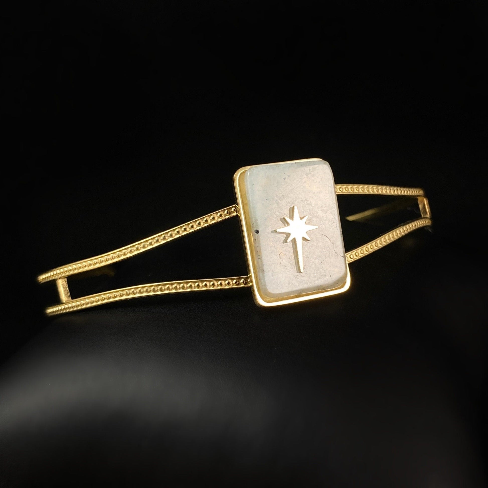 Pastel Green Natural Stone Cuff Bracelet with Intricate Gold Band and Dainty Gold Accents
