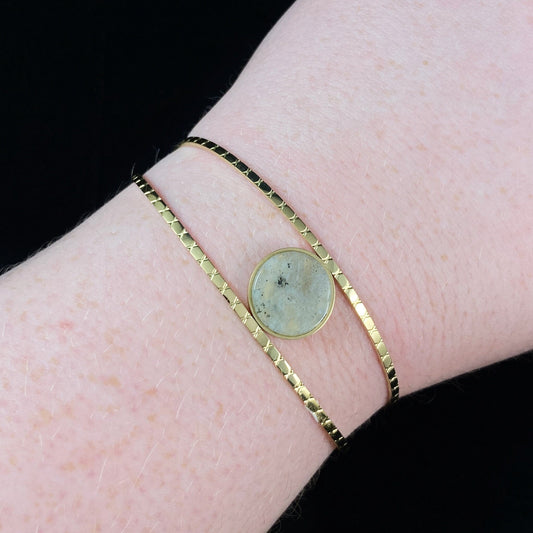 Pastel Green Natural Stone Double Cuff Bracelet with Intricate Gold Bands and Circular Stone