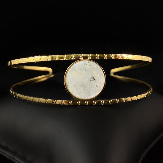 Pastel Green Natural Stone Double Cuff Bracelet with Intricate Gold Bands and Circular Stone