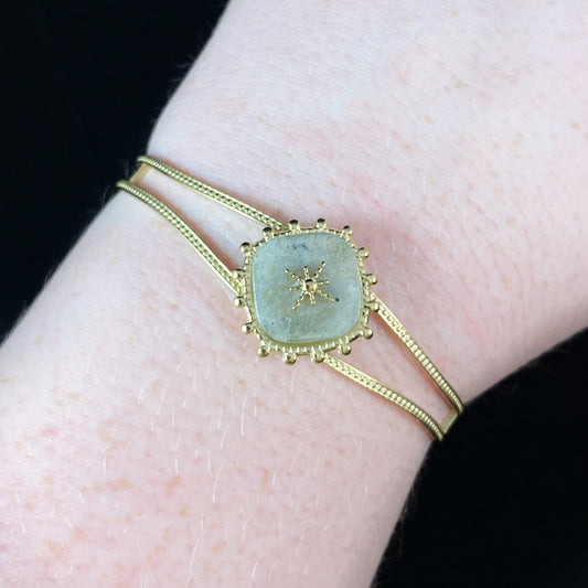 Pastel Green Natural Stone Double Cuff Bracelet with Intricate Gold Bands and Dainty Gold Detailing