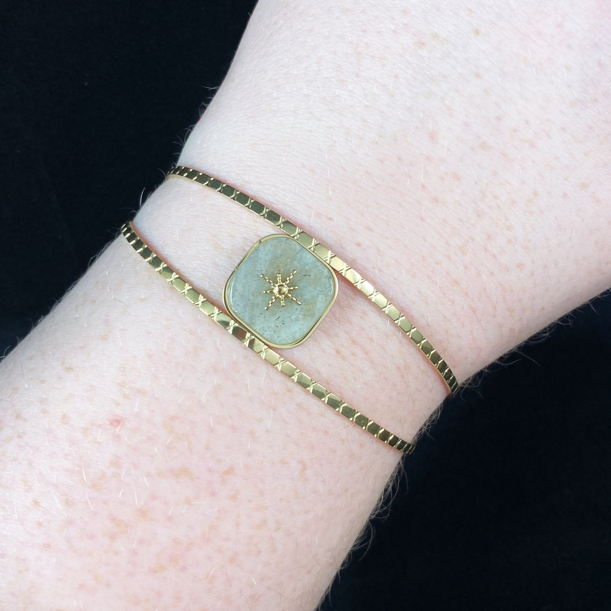 Pastel Green Natural Stone Double Cuff Bracelet with Intricate Gold Bands and Gold Starburst Accent