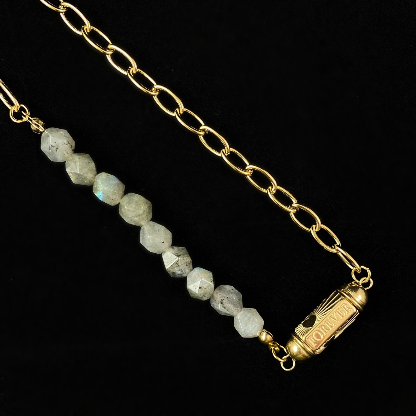 Pastel Green Natural Stone Necklace with Love/Forever Calligraphy and Dainty Gold Heart Detailing