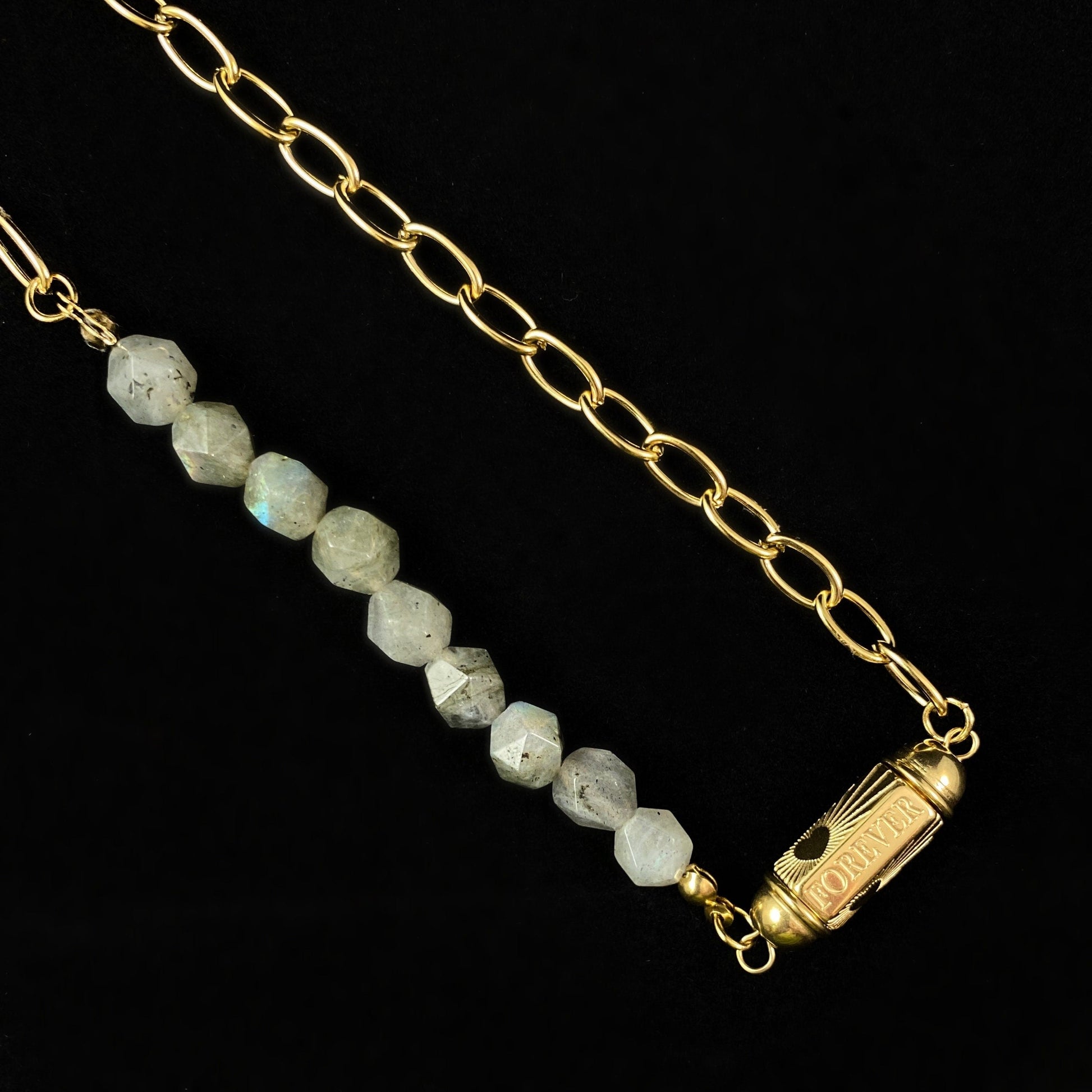 Pastel Green Natural Stone Necklace with Love/Forever Calligraphy and Dainty Gold Heart Detailing
