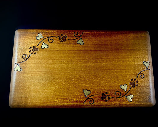 Paw Print and Heart Vine Patterned Jewelry Box, Handmade Hinged Wooden Treasure Box